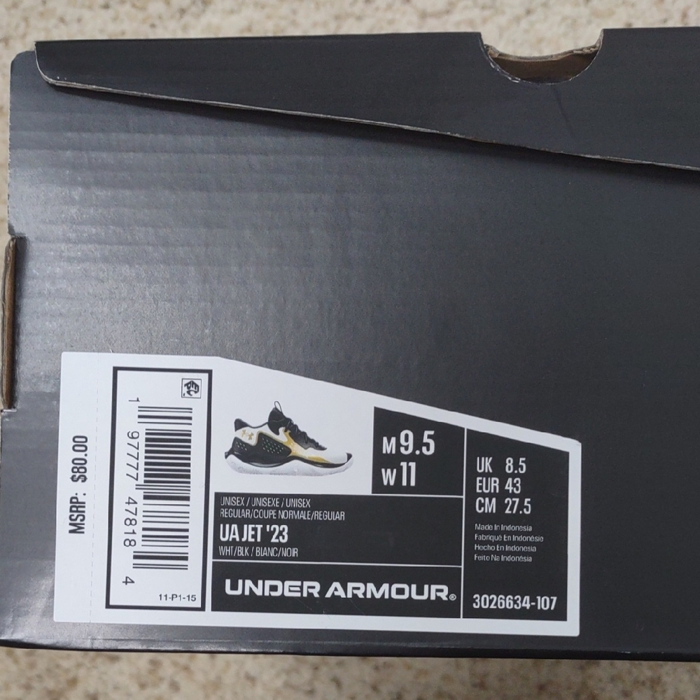 Brand New Under Armour Men's Black and White Athletic Sneakers, Size 9.5 M, W 11